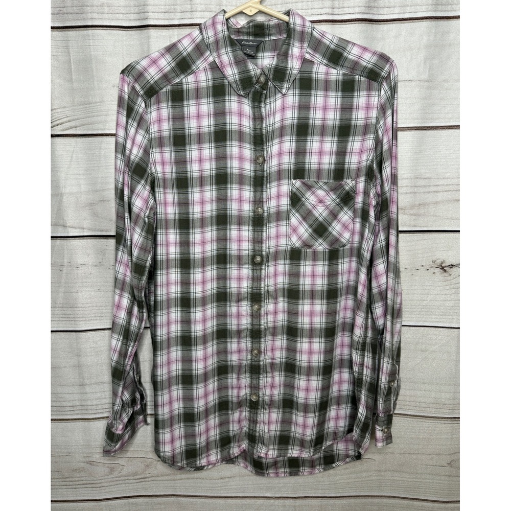Eddie Bauer Plaid Button Down Women M Green Pink Long Sleeve Viscose Blend Shirt